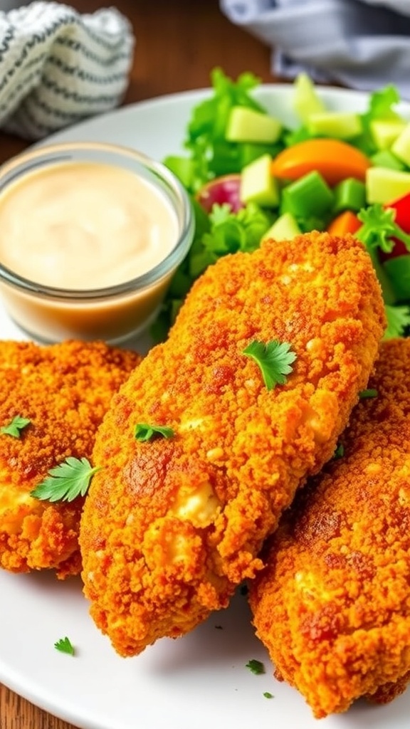 Crispy air fryer breaded chicken breasts on a plate with parsley and dipping sauce.